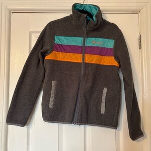 cotopaxi Gray Fleece Jacket with Teal, Purple, and Orange Stripes